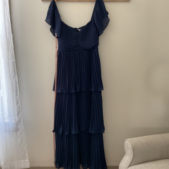 Lulus Notorious Charm Navy Blue Pleated Tiered Flutter Sleeve Maxi Dress NWT XL - Picture 4 of 16